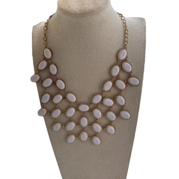 Vintage Estate Necklace Gold Tone Chain Bib Style Statement White Oval Gems 20” - Picture 1 of 10